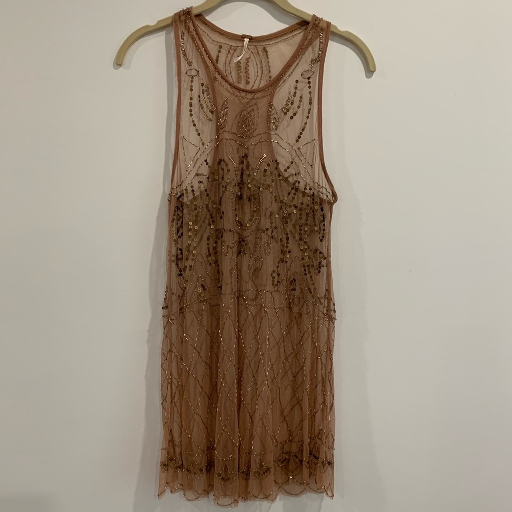 Free People Sheer Pink Rose Gold Beaded Sequin Dress S